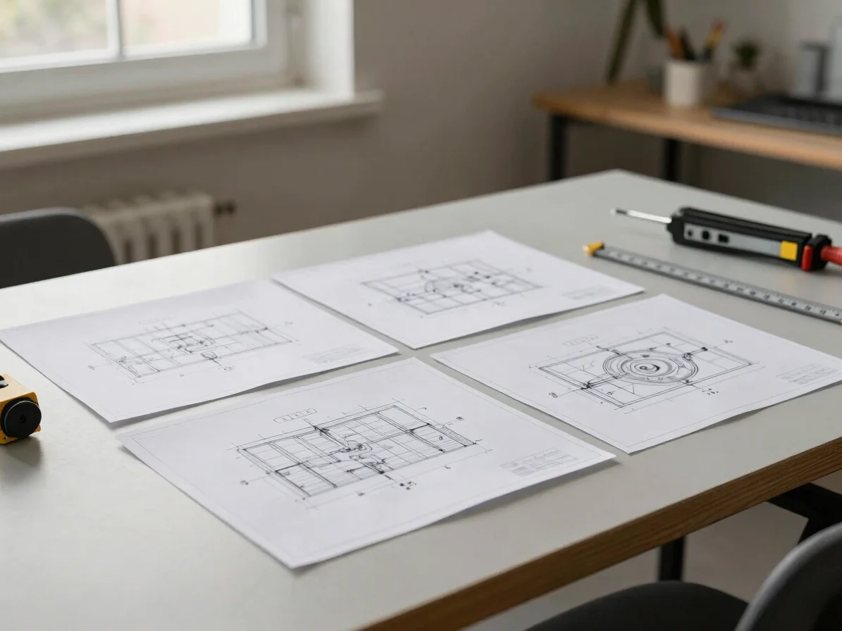 Editorial business photography of a precise, well-lit workspace with neatly arranged technical drawings and a measuring
